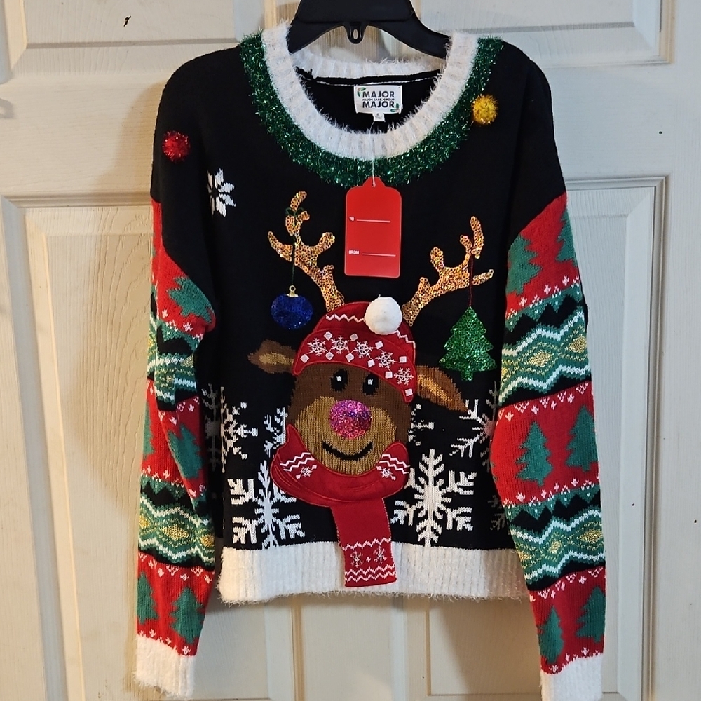 MAJOR MAJOR REINDEER CHRISTMAS SWEATER: BLACK: NEW WITH TAGS: SIZE S